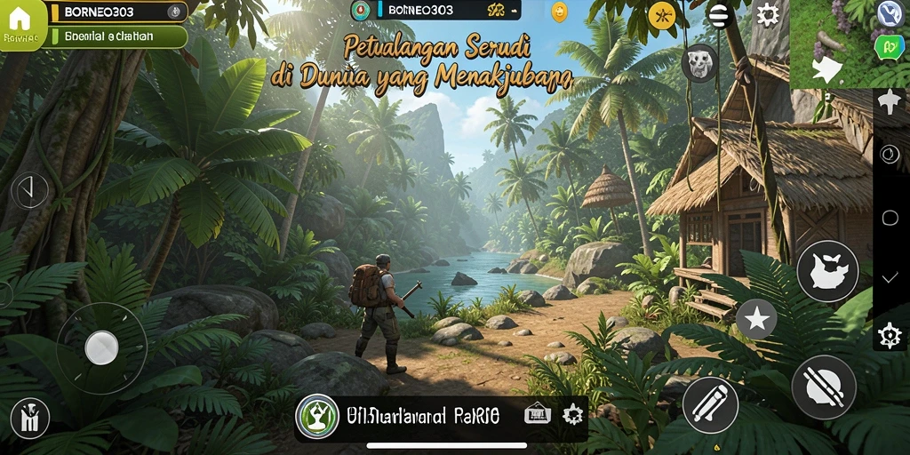 Tampilan gameplay BORNEO303 yang penuh aksi di hutan Borneo.