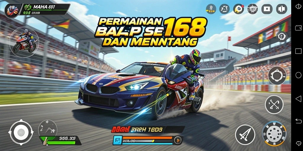 Tangkapan layar gameplay MAHA168 dengan aksi balap yang mendebarkan.