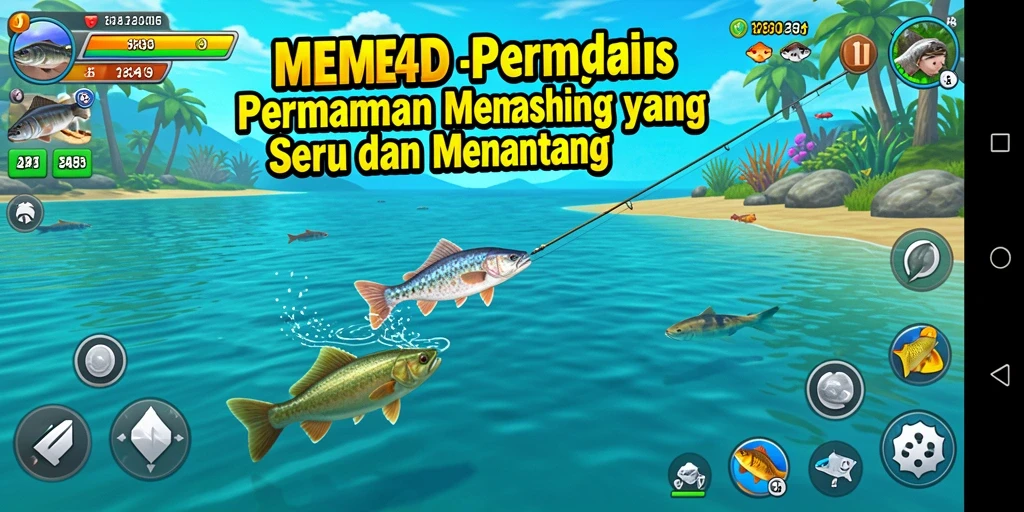Screenshot gameplay MEME4D yang menunjukkan pengalaman memancing yang menyenangkan.