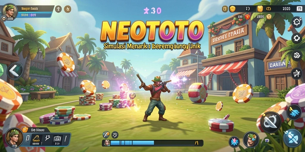 Tangkapan layar gameplay NEOTOTO menampilkan karakter yang berinteraksi dalam simulasi.