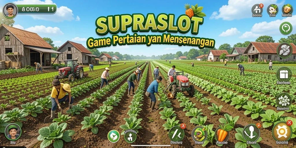 Tampilan gameplay <strong>SUPRASLOT</strong> dengan ladang subur dan aktivitas bertani yang seru.